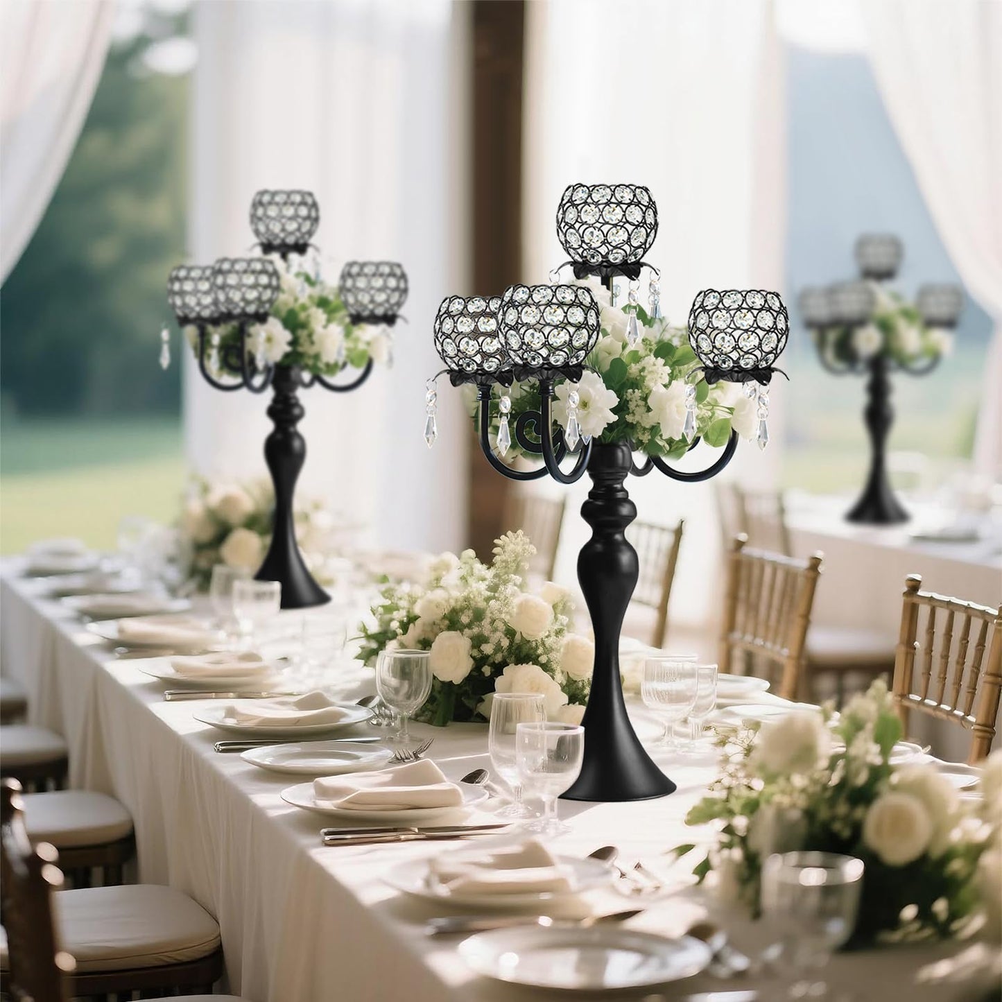 5 Arm Elegant Crystal Candle Holder,Candlestick for Wedding Table Centerpiece, 22 Inch Tall Candle Holder Table Candelabra Event Party Table Centerpiece,Home Decoration. (4, Black, Round Crystal)