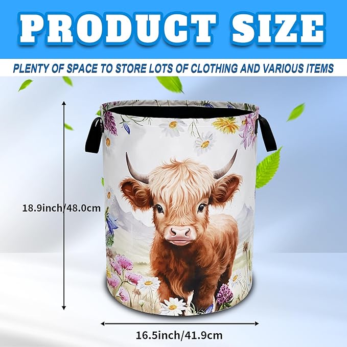 Highland Cow Laundry Basket Oxford Cloth Animal Flowers Laundry Hamper