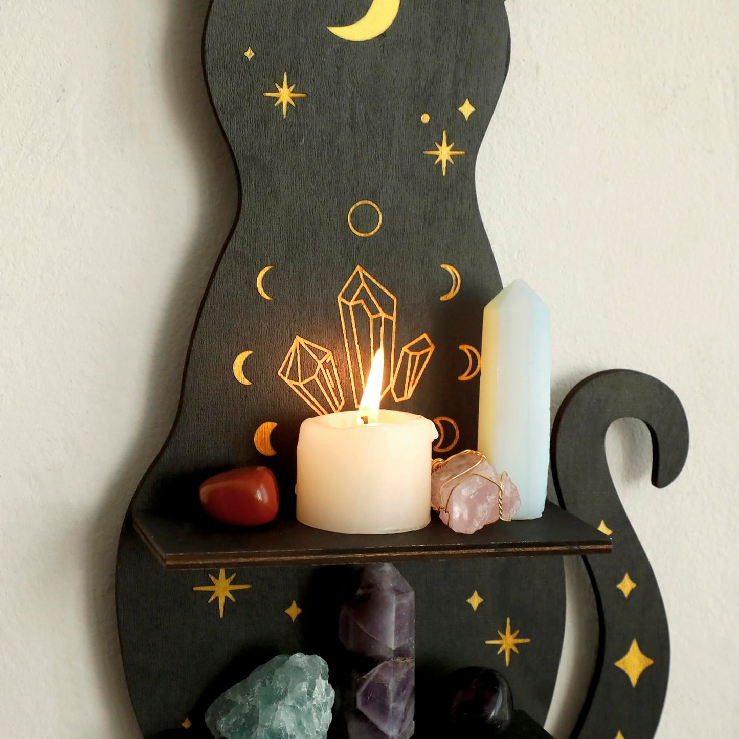 Artilady Crystal Shelf Display - 3 PCS Black Cute Cat Floating Shelves for Halloween Wall Bedroom Decor Display Shelf for Crystals and Stones Witchy Room Decorations Gift for Cat Lover