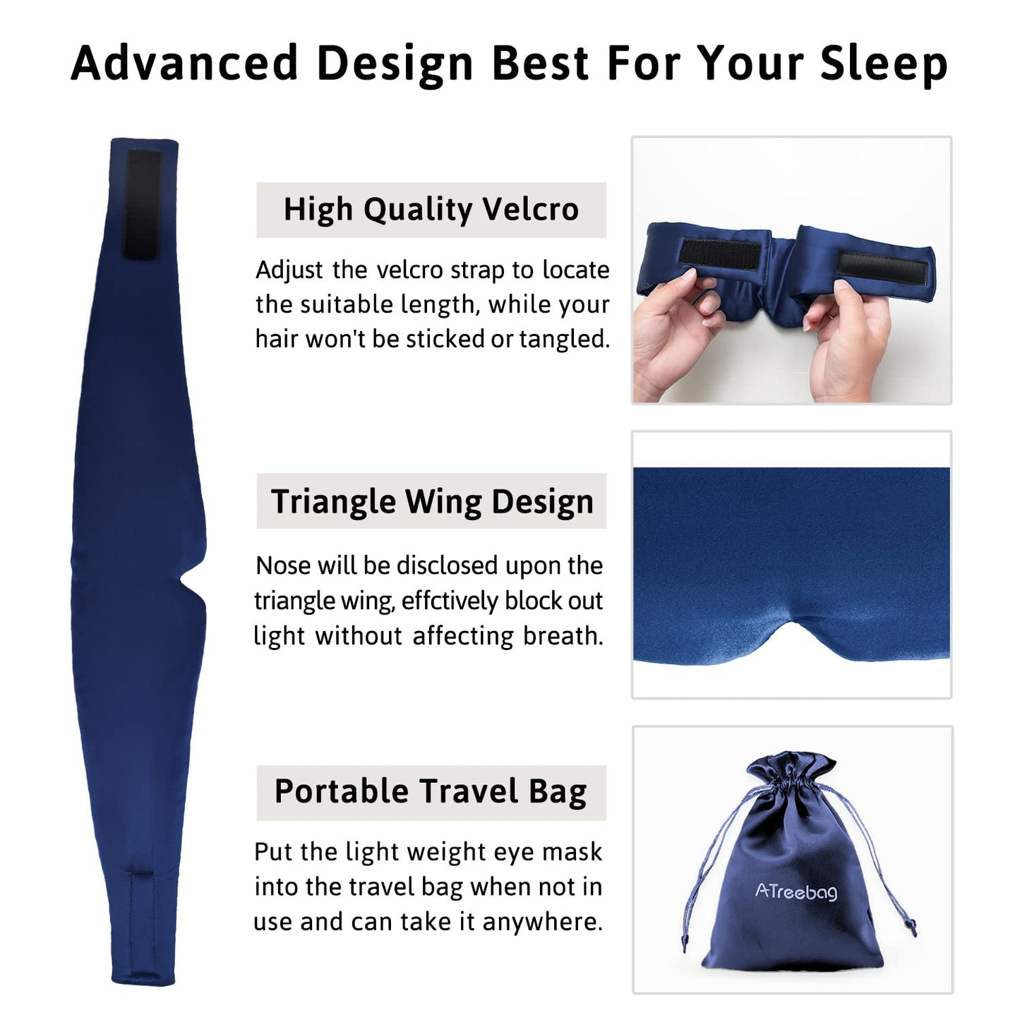 Silk Sleep Mask for Women Men, Mulberry Silk Eye Sleeping Mask & Blindfold with Adjustable Velcro Strap, Blackout Eye Cover for Sleep Travel Yoga Nap, Large Size, Black