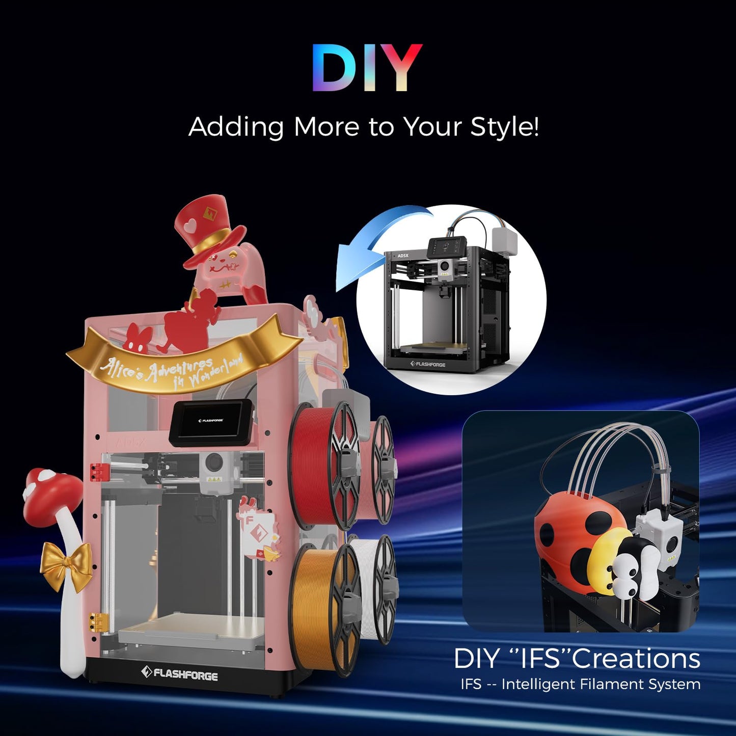 Flashforge Adventurer 5X 3D Printer with Multi-Color Flexible TPU Printing,Max speed: 600mm/s,Acceleration: 20,000mm/s,Auto 4kg filament refill,Full-auto leveling,Compact integrated design