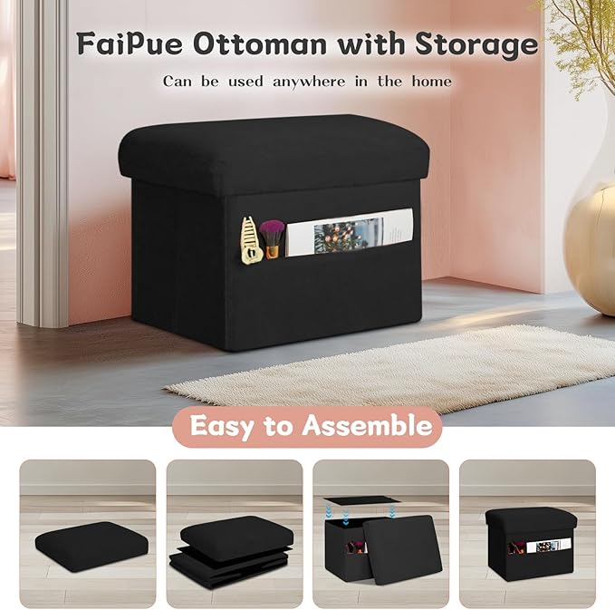 Small Ottoman with Storage, Folding Foot Rest Stool with Thicker Furry Padded