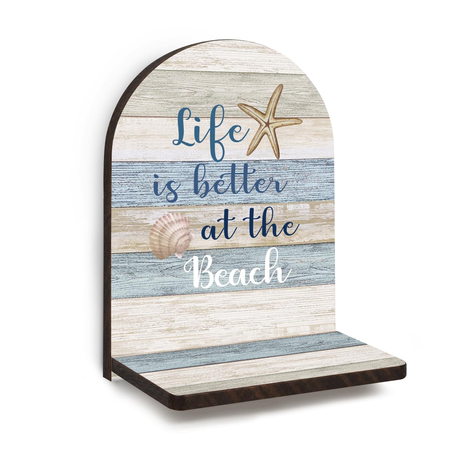 GWFSJYU Coastal Beach Arched Wall Shelf Decor, Nautical Theme Wooden Floating Shelves, Life is Better at the Beach Gifts Hanging Wall Shelves Decor for Bathroom Living Room Kitchen, 9.45x7.09In