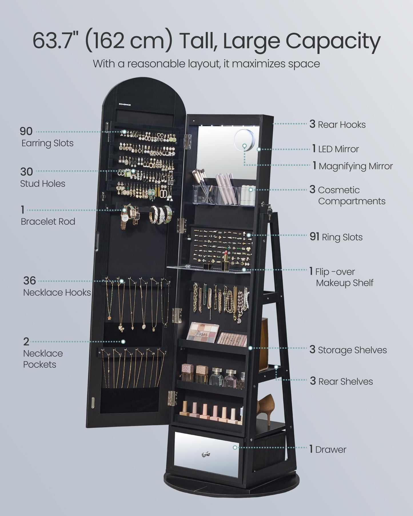 SONGMICS 360° Swivel Jewelry Cabinet, Full-Length Arched Mirror with LED Lights, Magnifying Mirror, Storage Shelves, Drawer, Ink Black UJJC030BC01