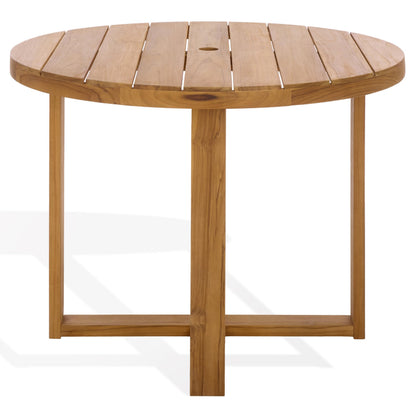 SAFAVIEH Couture Outdoor Patio Furniture Collection – Mayaguana Natural Teak Solid Wood Round Dining Table, Slatted Top with Umbrella Hole, Modern Outdoor Design (CPT1061A)