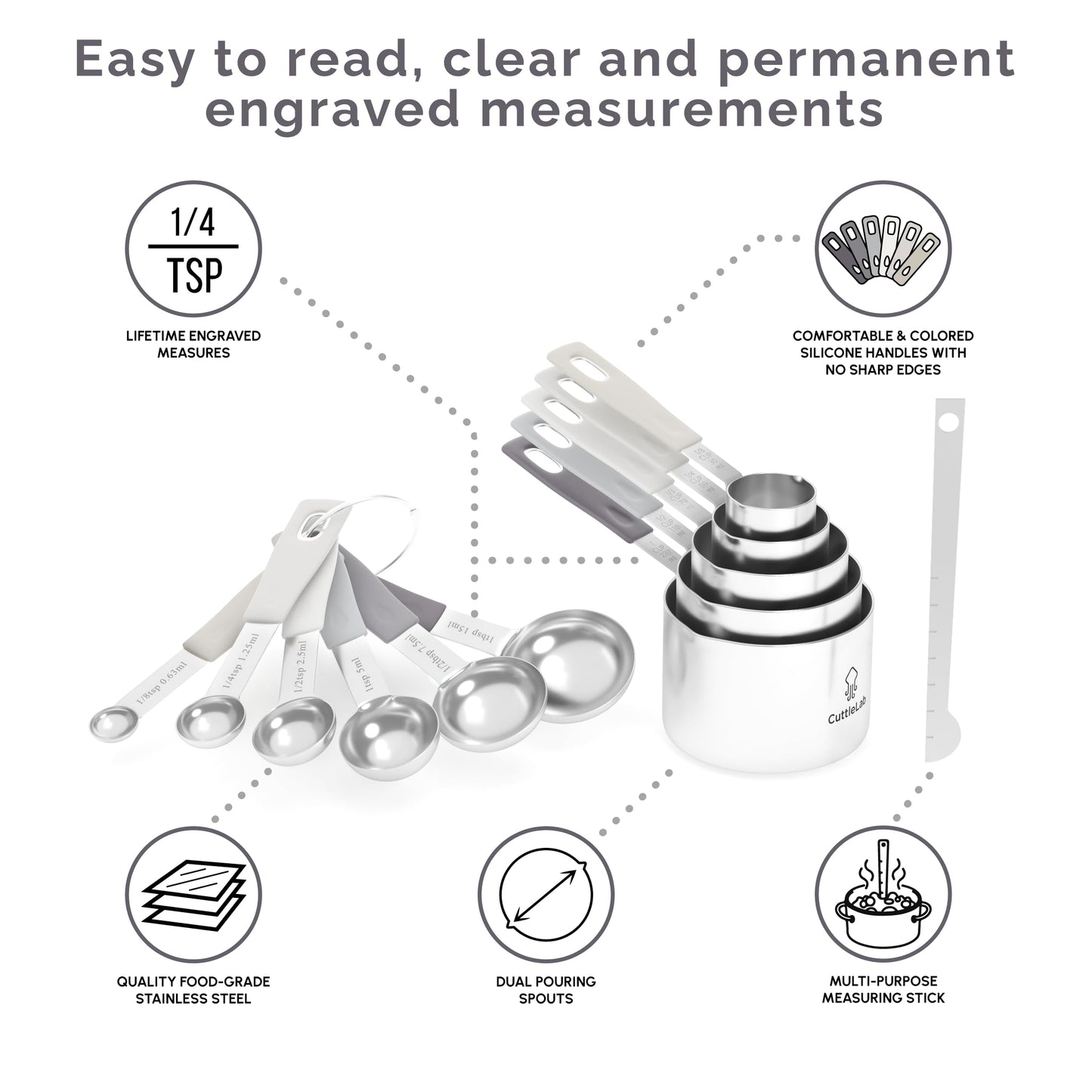 CuttleLab Measuring Cups and Measuring Spoons Set of 14 - Stainless Steel Measuring Cups and Spoons Set, Includes 1/8 Teaspoon Measuring Spoon, 1/8 Cup Measuring Cup, Leveler Dry (14, Charcoal)
