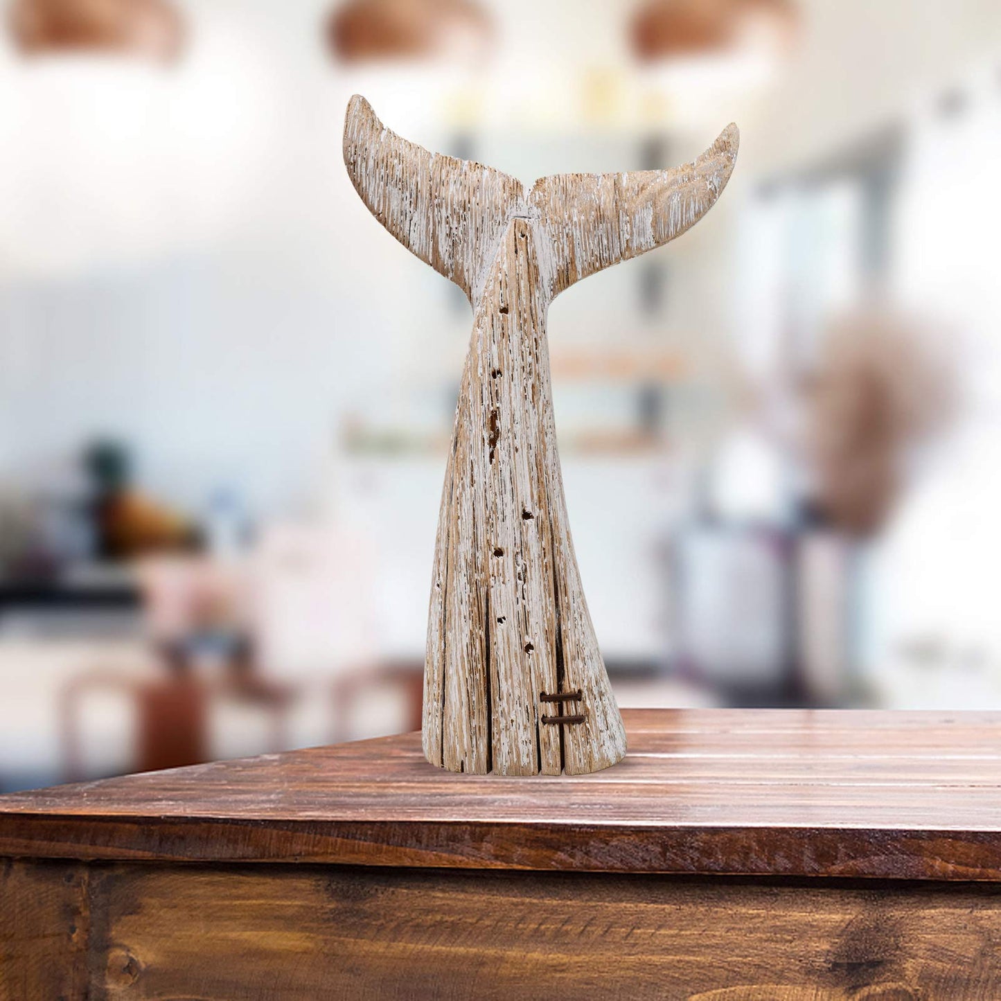 E-view Wood Whale Statue Wooden Nautical Decor for Home - Antique Fish Figures Decoration Animal Statues Beach Themed Wall Art (Whale Tail Figurine)