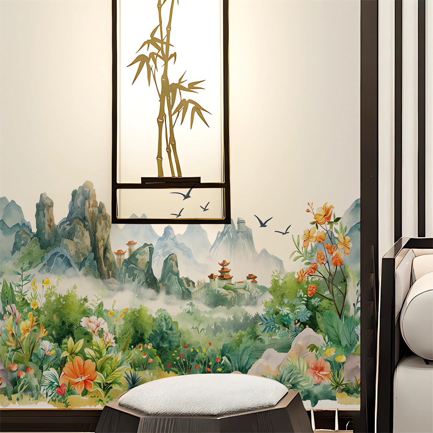 Chinese Style Landscape Painting Circulation Collage Wall Stickers, sacinora Landscapes Flower River Bird Wall Decal Removable Vinyl Peel and Stick for Living Room Tea Room Background Home Decoration