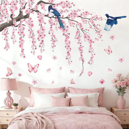 Cherry Blossom Wall Decals Stickers - Tree Floral Birds Wall Stickers Spring Pink Peel and Stick Wall Murals Decor for Living Room Bedroom