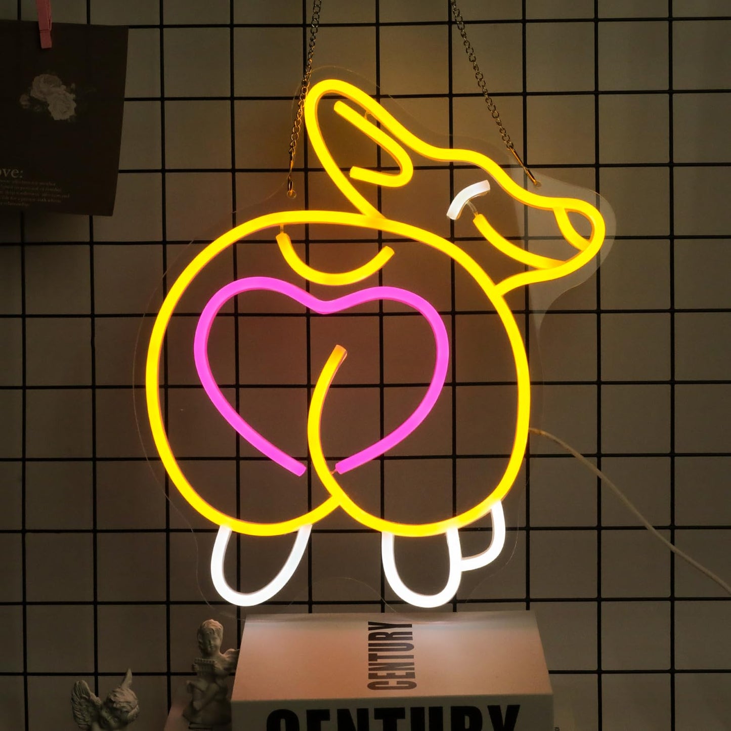 CKTBLEY Corgi Neon Sign, Acrylic, 14.9 x 12.9 inches, USB Powered, Modern Decorative Signage with Pink Heart for Home, Office Wall Decor, Pet Shop, Birthday Gifts