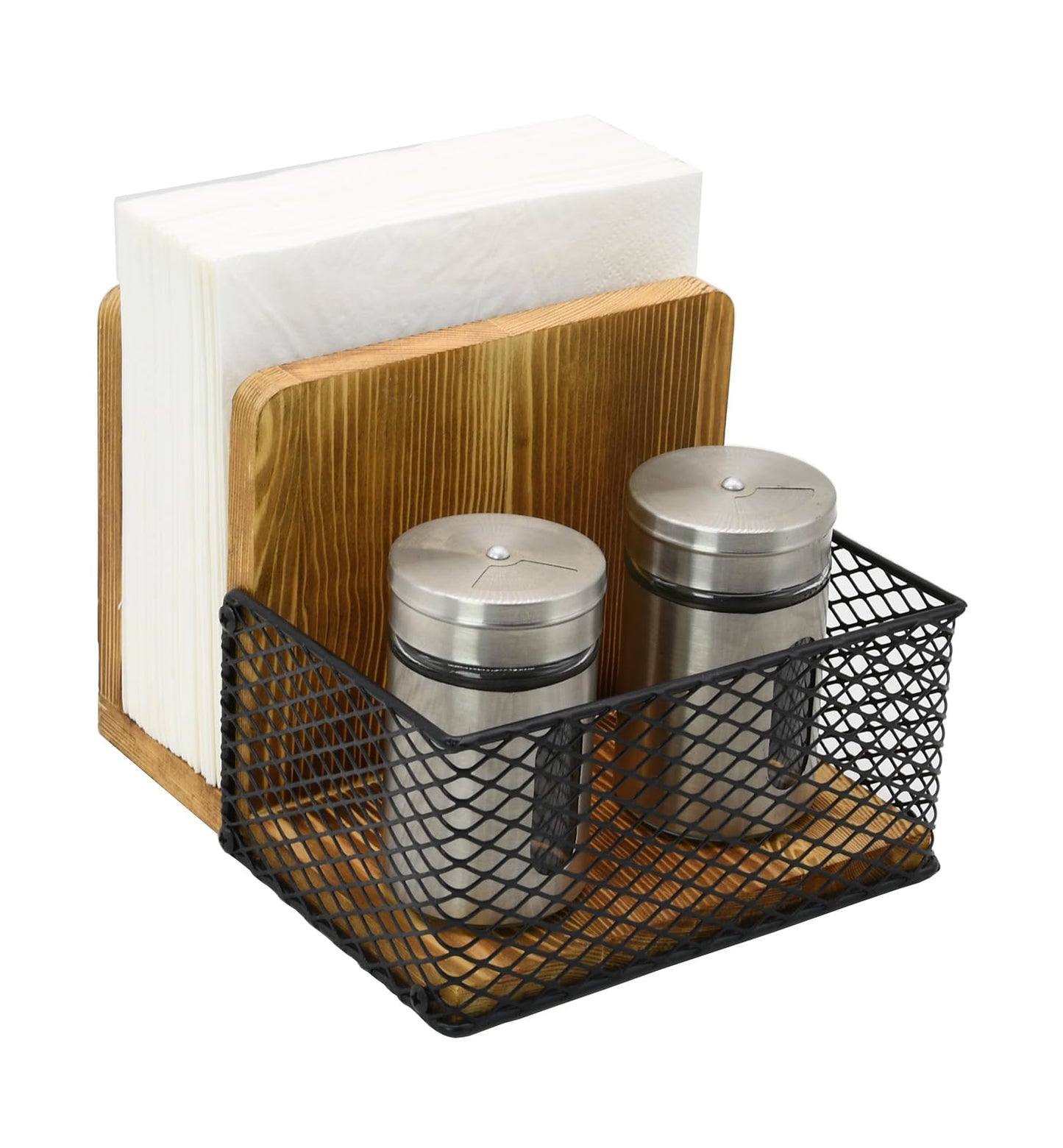 Rustic Burnt Wood Napkin Holder with Black Metal Mesh Spice Rack – 2-in-1 Farmhouse Style Napkin and Condiment Organizer for Kitchen or Restaurant, 5.5” x 6.5” x 5”