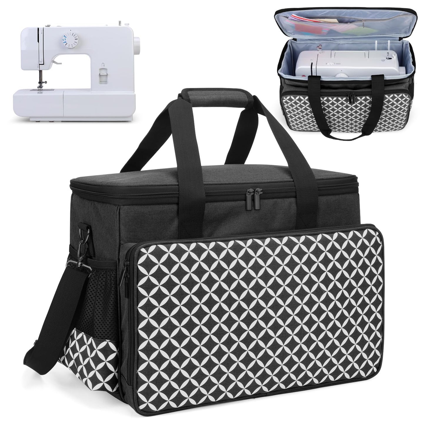 Yarwo Sewing Machine Carrying Case with Bottom Wooden Board, Universal Sewing Machine Bag Compatible with Most Major Sewing Machine and Accessories, Black with Oval Pattern