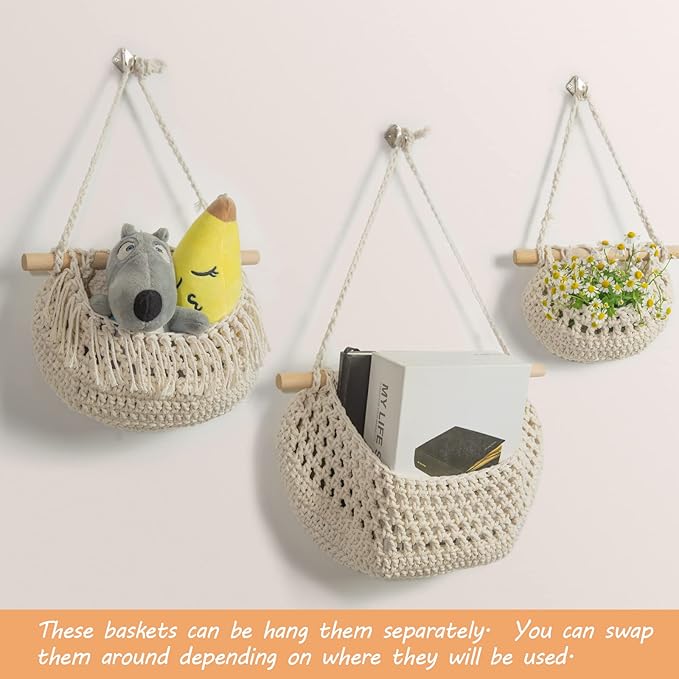 Hanging Fruit Basket, 3 Tier Over The Door Organizer, Handmade Woven Cotton