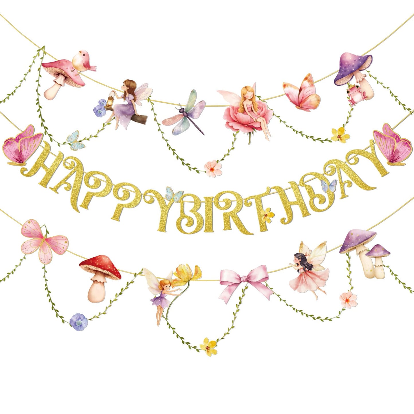 Paper Jazz Fairy Birthday Banner with Butterfly Fairy Party Decorations Mushroom Decor Fabric Vines Paper Garlands Decorations for Birthday,Garden Tea Party,Baby Shower.