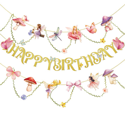Paper Jazz Fairy Birthday Banner with Butterfly Fairy Party Decorations Mushroom Decor Fabric Vines Paper Garlands Decorations for Birthday,Garden Tea Party,Baby Shower.