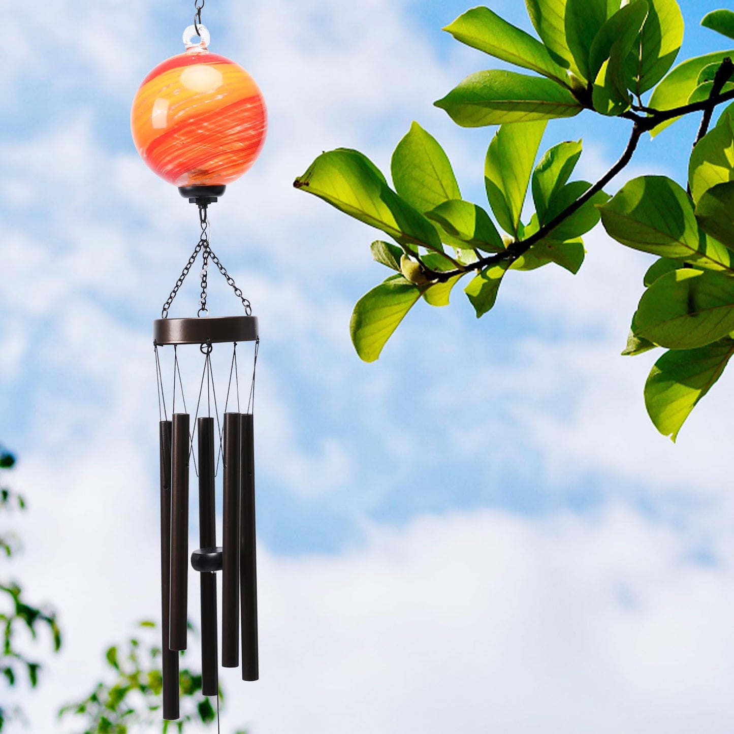 MUMTOP Solar Wind Chime for Outsides, 35" Glass Windchimes with Solar LED Lights Decorative Hanging Wind Bell for Porch Patio and Garden Decor, Orange