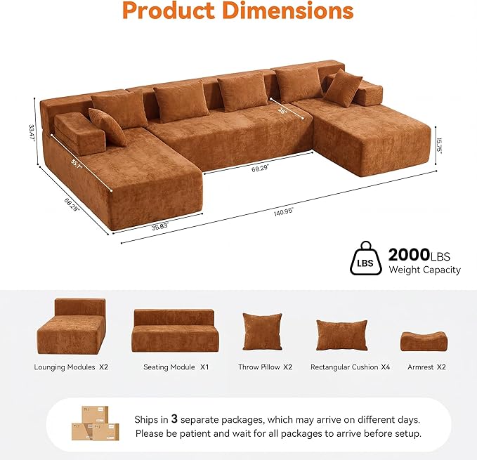 MONVANE 141" U Shaped Cloud Sectional Couch