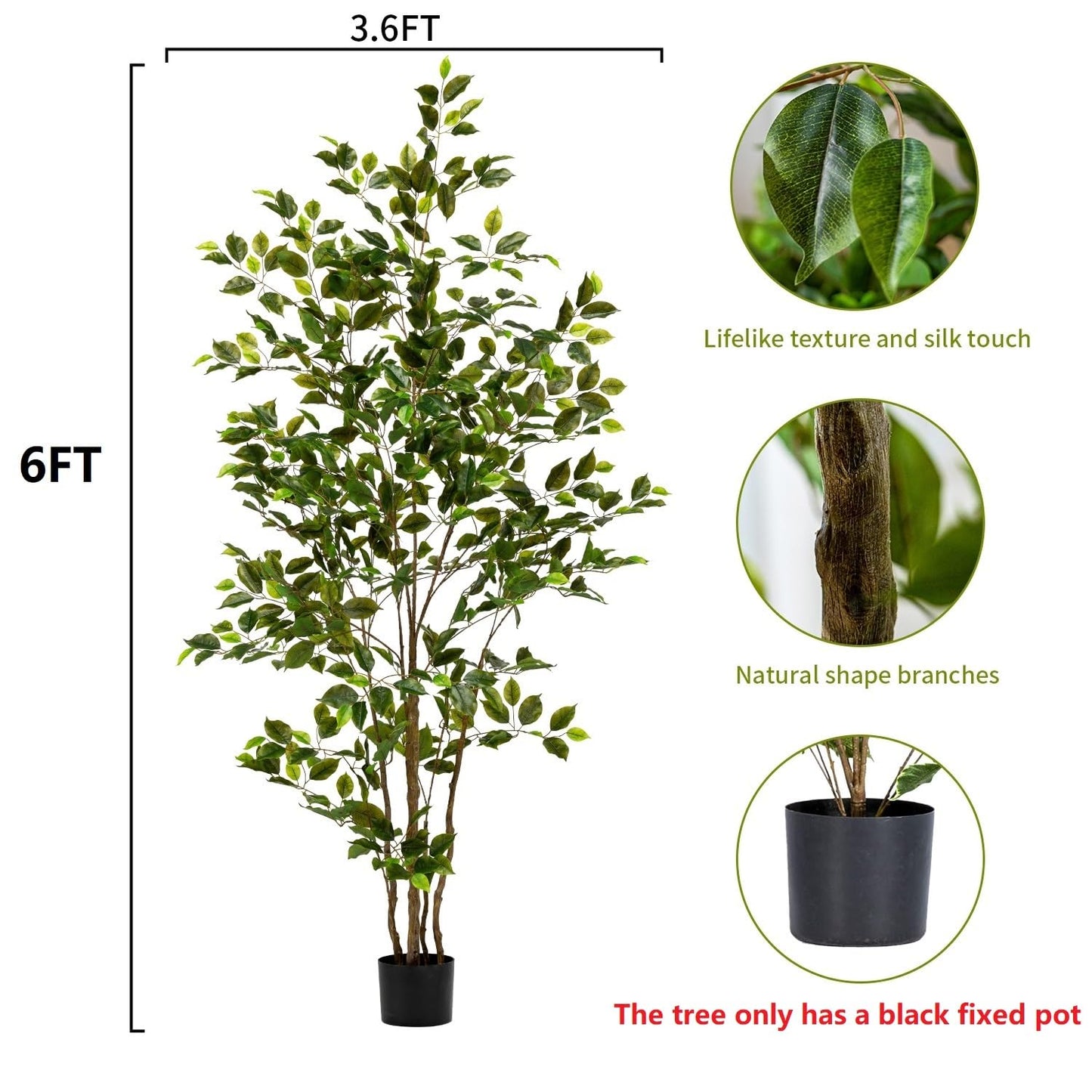 Bailikang Artificial Ficus Tree Indoor 6ft, Large Potted Faux Tree with Realistic Silk Leaves & Trunk for Home Office, Living Room Corner Decor