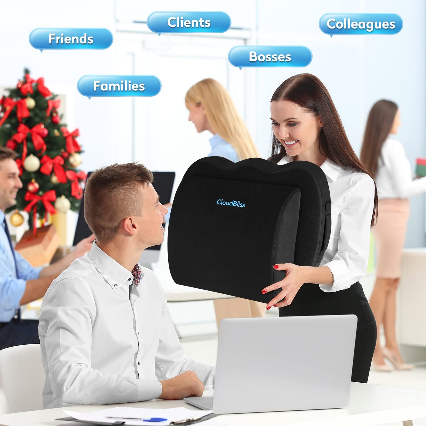 CloudBliss Seat Cushion,Office Chair Cushion,Car Seat Cushions,Lumbar Support Pillow for Office Chair,Back Support Memory Foam Pillow Coccyx Cushions for Tailbone Pain,Sciatica Back Pain Relief Black