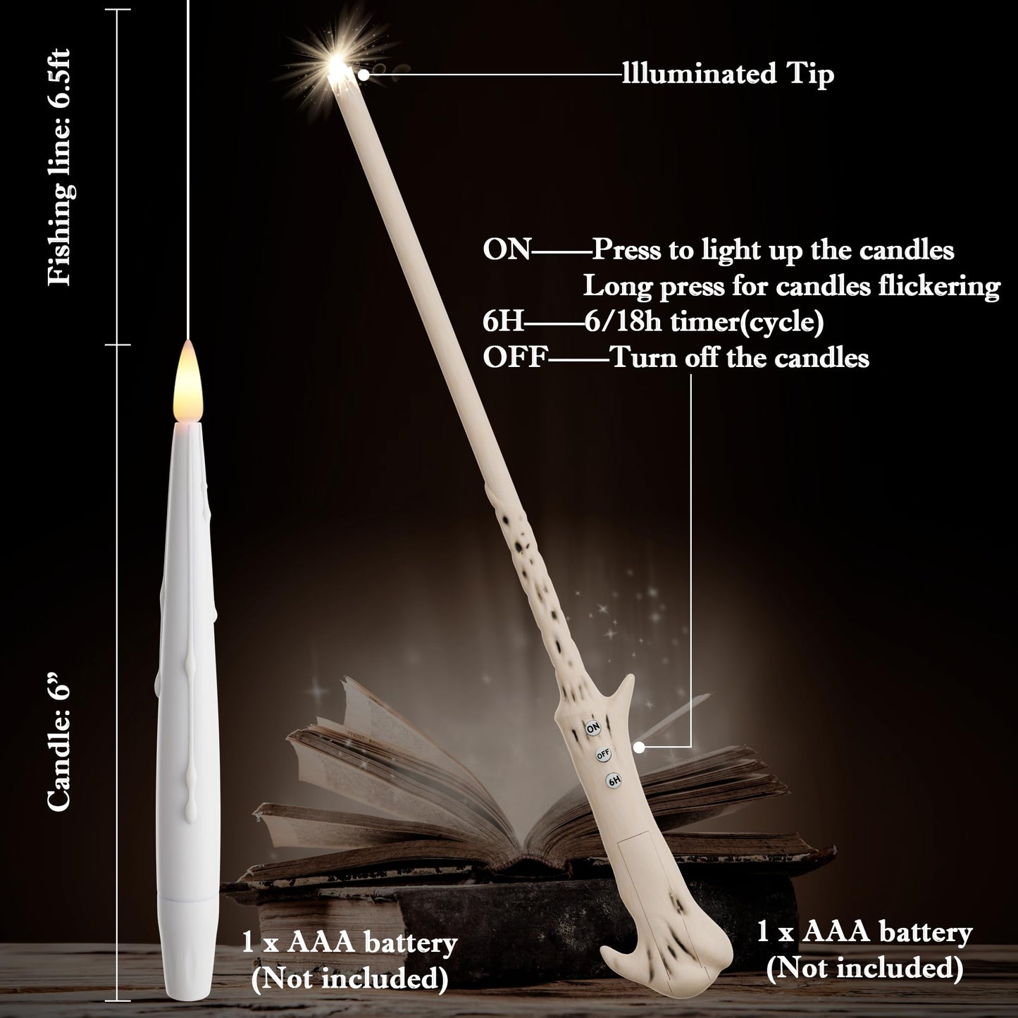 JOIONE Floating Candles with Wand, 12 Pack Hanging Candles with Magic Wand Remote, Battery Powered Floating Candles with Wand, Flameless Magic Hanging Taper Candles for Xmas Halloween Decor, White