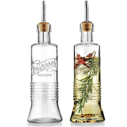 MosJos Original Mason Oil and Vinegar Dispenser Set - 17 oz Glass Olive Oil & Vinegar Cruet Set - Non-Drip, BPA-Free, Dishwasher Friendly Bottles with Stainless Steel Spouts