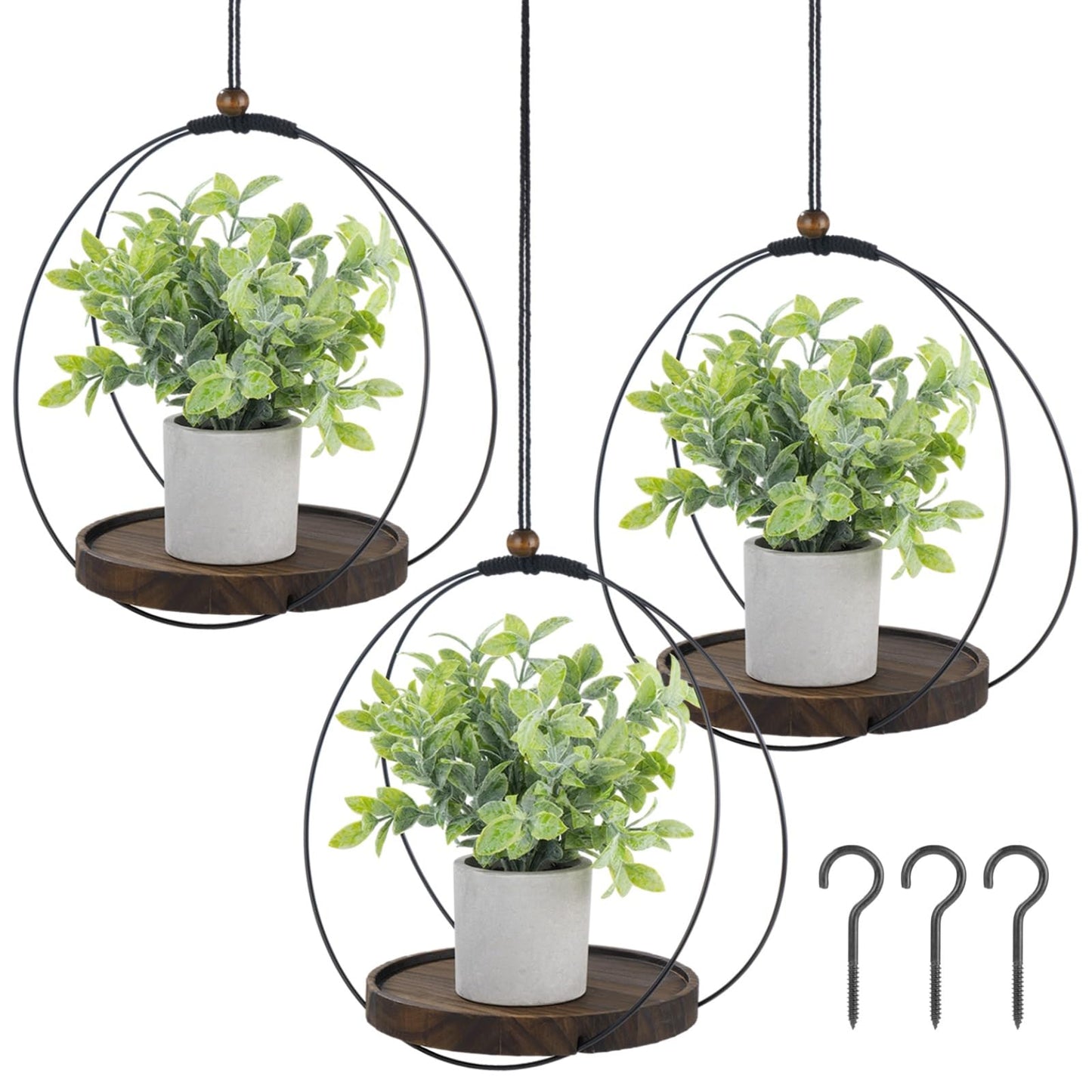 DORMIYA 3 Pcs Hanging Plant Shelf, Round Wood Base with Black Metal Frame, Plant Holder with Adjustable Rope for Living Room, Balcony, Bedroom, Indoor Plant Display
