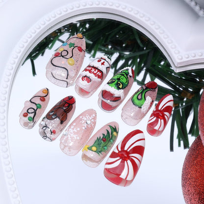 30Pcs Christmas Press on Nails Medium Almond Fake Nails 3D Rhinestones Xmas Tree Lamp Strip Design Handmade False Nails Cute Monster Acrylic Nail Snowflake Gems Glue on Nails for Women Winter Manicure