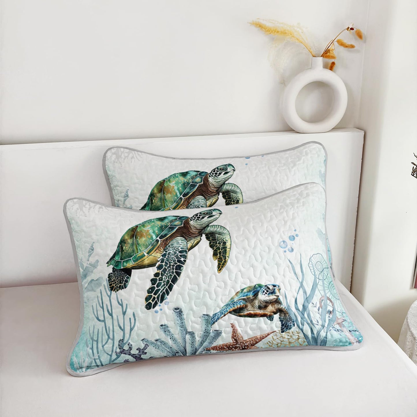 AILONEN Sea Turtle Bedding Quilt Set Queen Size,Teal Blue Ocean Beach Coastal Bedspread Coverlet,3 Pieces Soft Lightweight Quilt & 2 Pillowcases