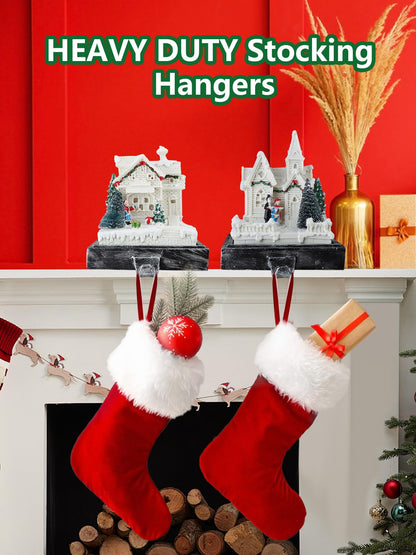 Kalolary Christmas Stocking Holders for Mantle,Set of 2 Christmas Village House Stocking Hangers with LED Lights Weighted Christmas Resin House Stocking Hooks for Fireplace Counter Window Party Decors