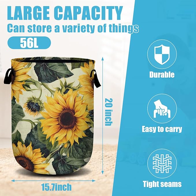 Retro Sunflower Laundry Basket, Floral Laundry Hamper Collapsible Oxford Cloth
