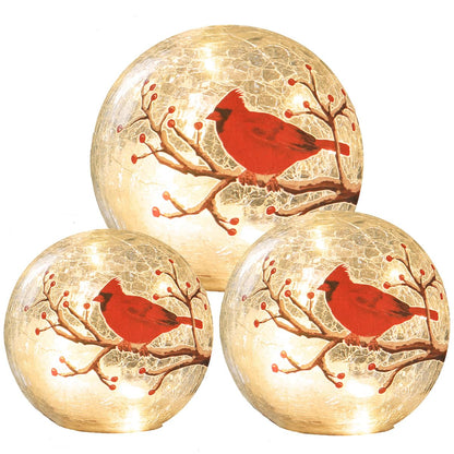 Large Crackle Glass Ball Cardinal Lamp - Light Up Red Bird Stained Christmas Decor Accent, Orb Night Light, LED Sphere Desk Table Lamp