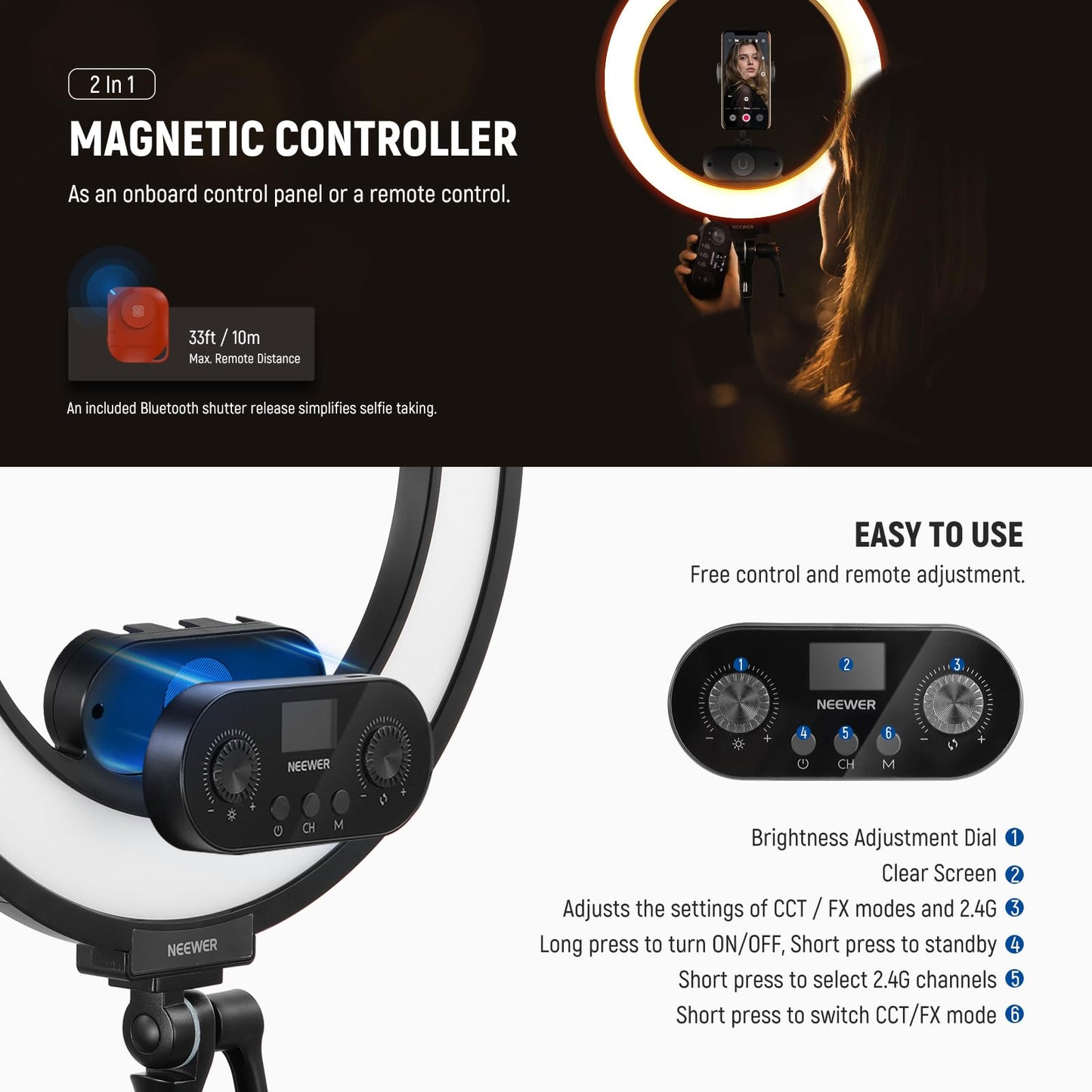 NEEWER 18 Inch Edge Lit Ring Light with Tripod Stand Phone Holder Compatible with iPhone for Video Recording Selfie Makeup Studio Streaming, 45W 2900-7000K APP 2.4G Control Ringlight Lighting, RL45B