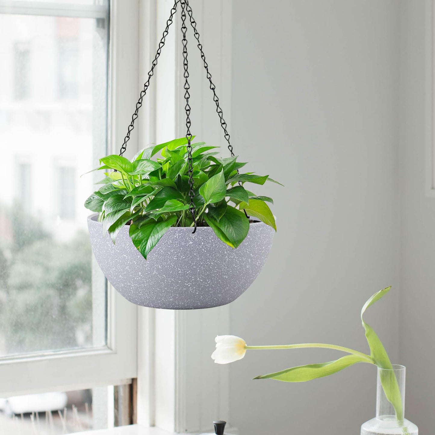 WSMKSZ 13 inch Large Hanging Planters Plant Pots for Outdoor Indoor Plants with Drainage Holes and Chain, 2 Pack Round Hanging Flower Pots for Garden Home Porch Decor, Speckled Grey