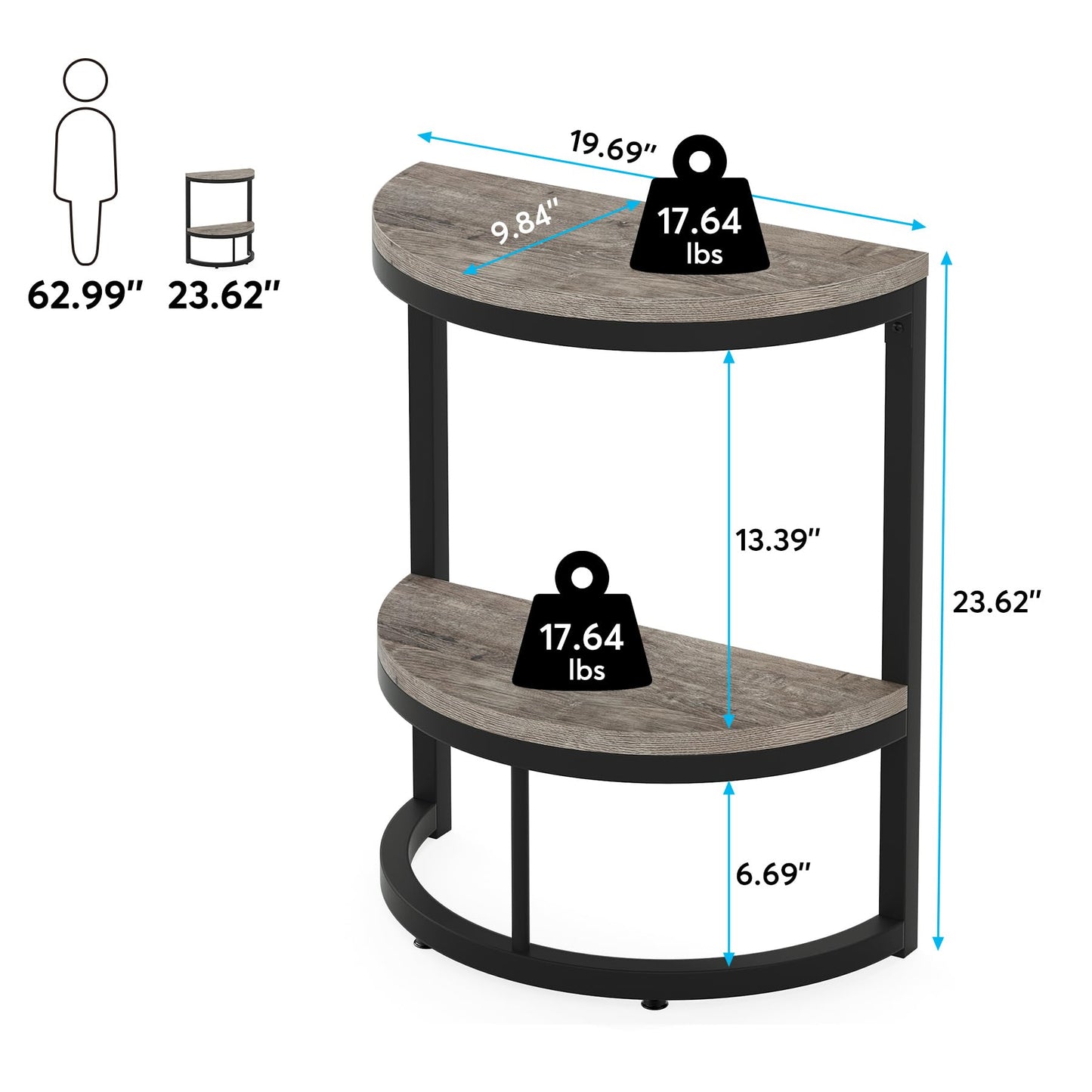 Tribesigns 2-Tier End Table Semi Circle, Small Half Round Side Table with Storage Shelf, Wood Accent Table Slim C Table for Sofa Couch, Living Room, Bedroom, Easy Assembly, Rustic Grey & Black