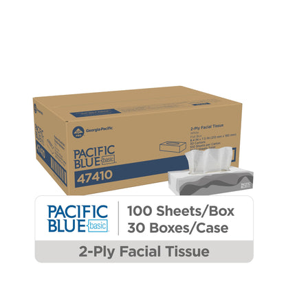 Georgia-Pacific Pacific Blue Basic 2-Ply Facial Tissue (47410), 100 Sheets Per Box, 30 Flat Boxes Per Bulk Case