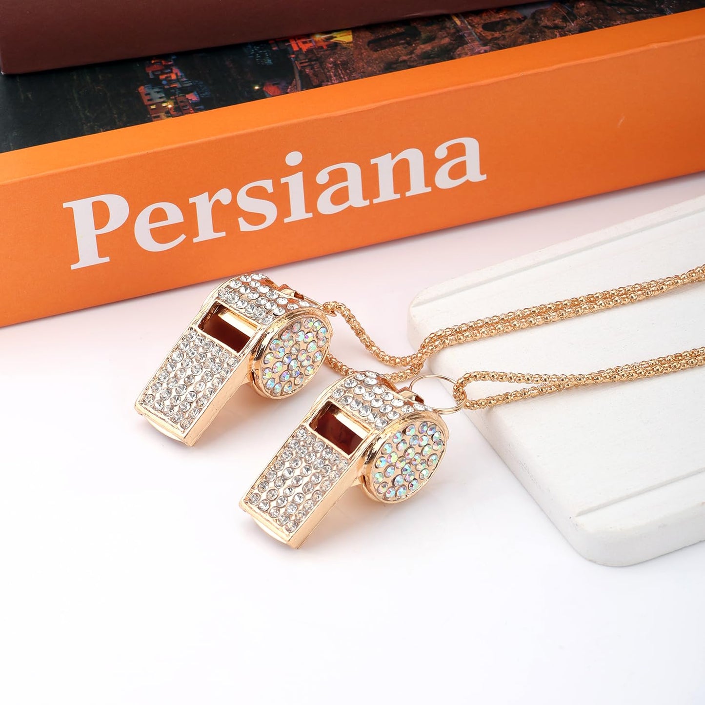 Gosknor 2pcs Gold Diamond Metal Bling Crystal Rhinestone Whistles with Golden Chain Lanyard Shining Loud Sound Sports Gift Gear for Referees, Teachers, Officials, Basketball, Football Training
