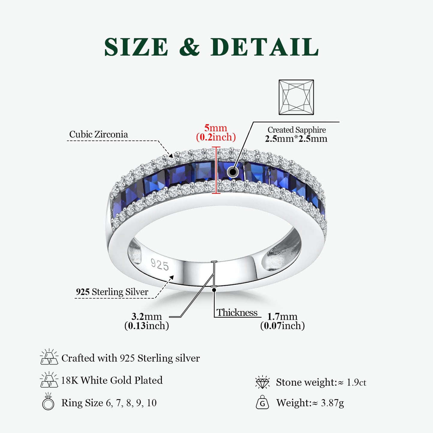 RANDES Blue Sapphire Eternity Rings for Women Men Wedding Bands 925 Sterling Silver Princess Cut Channel Set Ring Size 7.5