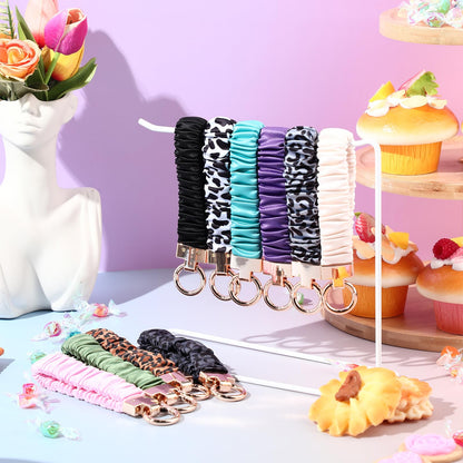 Sylixonae Cute Scrunchie Keychain Wristlet for Women & Men - Stretchy Car Key Holder with D Ring for Gym, Shopping, Travel (Black Leopard)