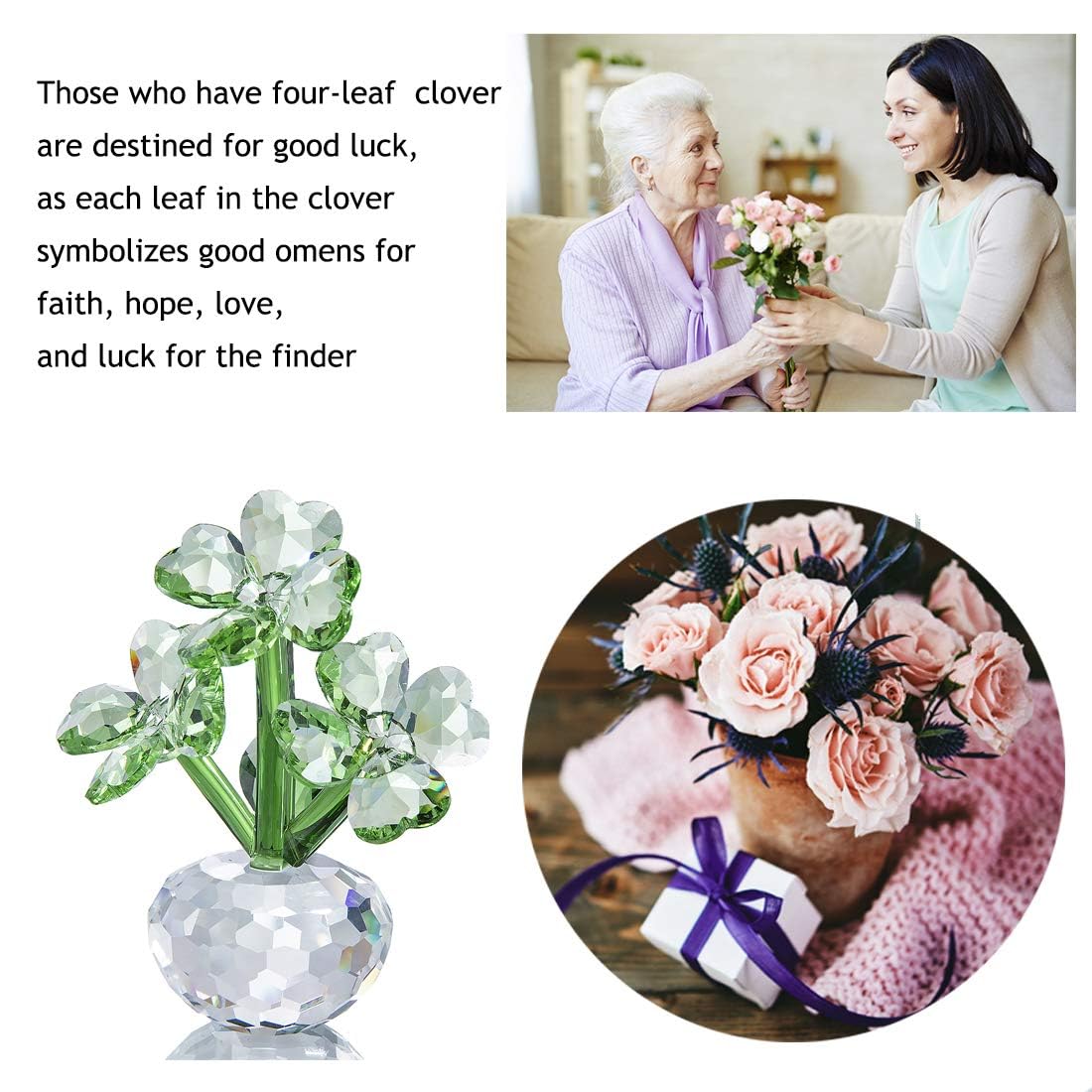 QFkris Crystal Flower Dreams Four-Leaf Clover Figurine Collectibles, 3.7" Glass Flower Statues for Home Decor Centerpiece, Gift for Mothers Day, Thanksgiving, St. Patrick's Day