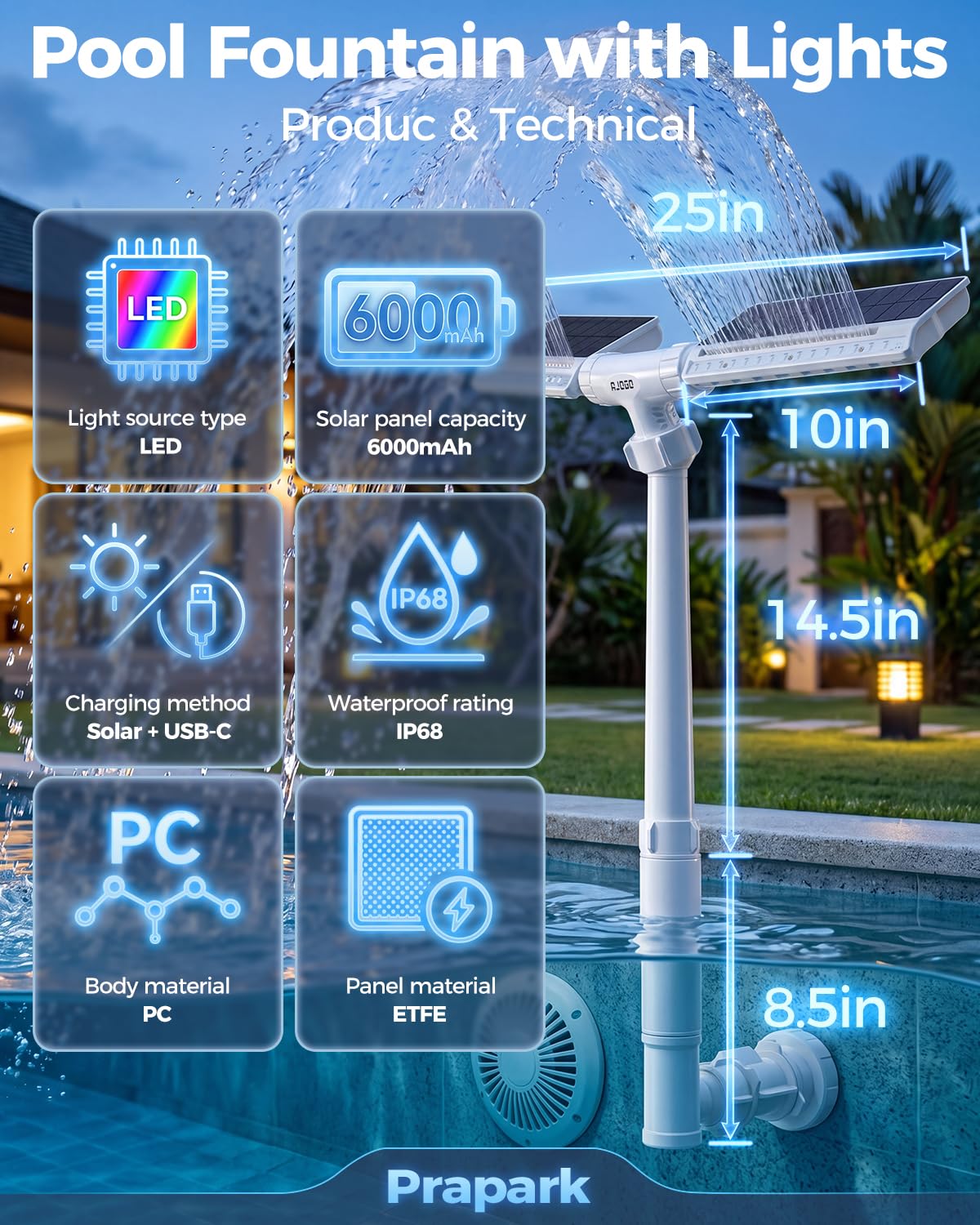 Prapark Solar Pool Fountain with Lights, Dual-Head Adjustable Spray & Timer, Remote Control, Auto Dusk Sensor, 10-Color LED Modes & 15°F Cooling Spray for Above & Inground Pools (White)