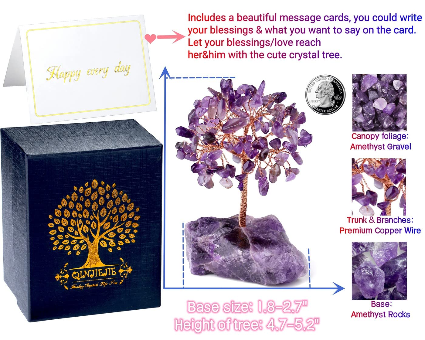 QINJIEJIE Bundle of Amethyst Crystal Tree and Obsidian Cat Statue Natural Reiki Gemstone Tree Life Carved Stone Decors Gift Polished Gemstones Figurine Meditation Gift for Women Men