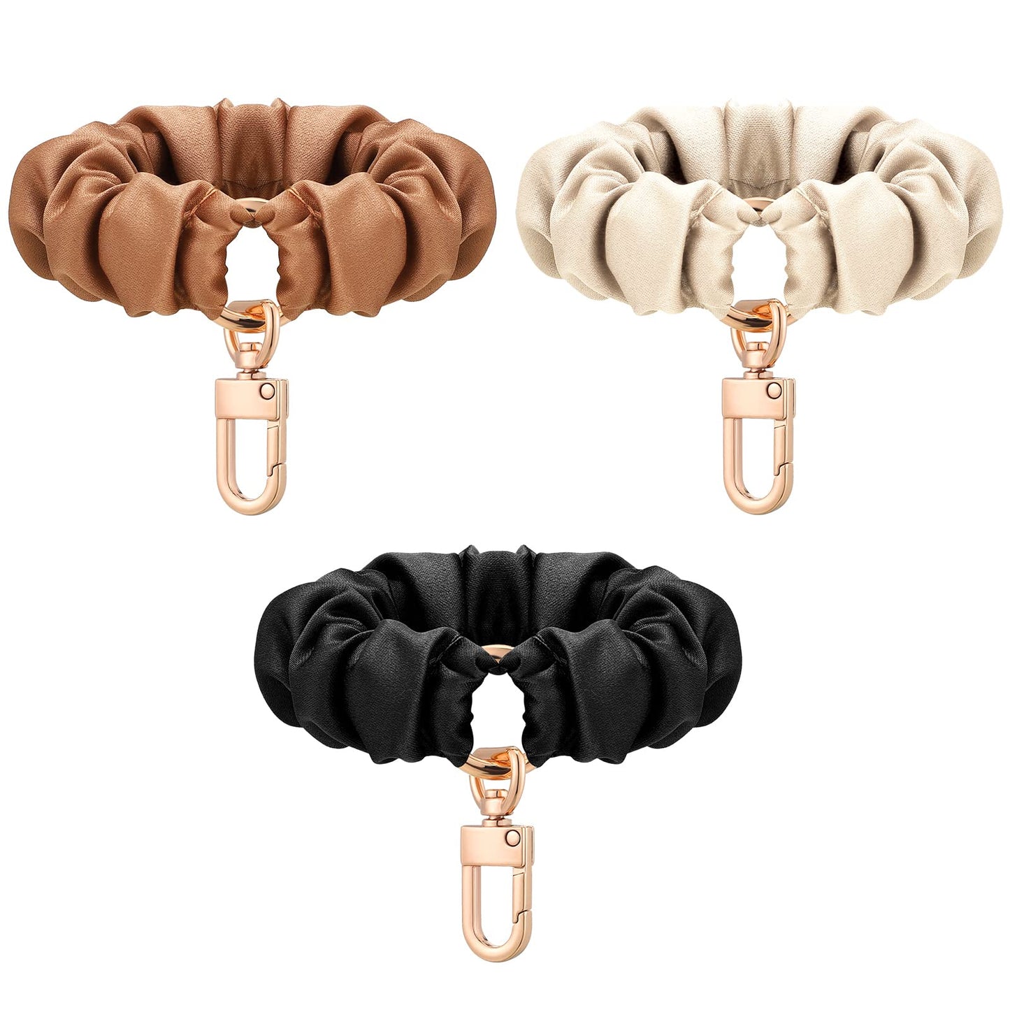 Jadive 3 Pcs Scrunchie Keychain Wristlet Cute Bracelet Stretchy Car Keyring Wrist Holder for Women Gym Travel Shopping(Black Khaki Brown,Cute Style)