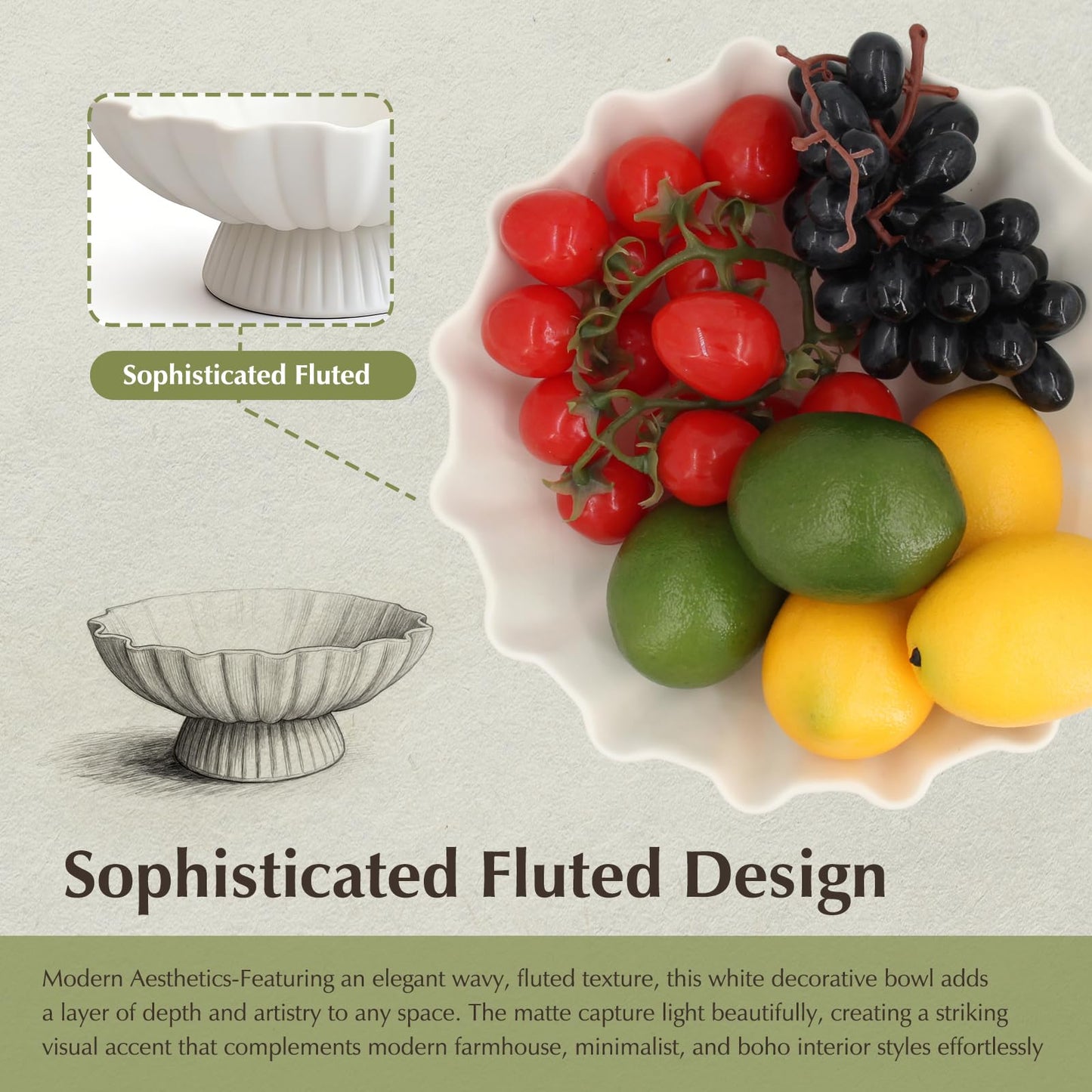 White Pedestal Fruit Bowl for Kitchen Counter, 9-Inch Ceramic Centerpiece Bowl with Fluted Texture, Modern Farmhouse Coffee Table Decor for Dining Table,Entryway Key Bowl, HouseWarming Gift