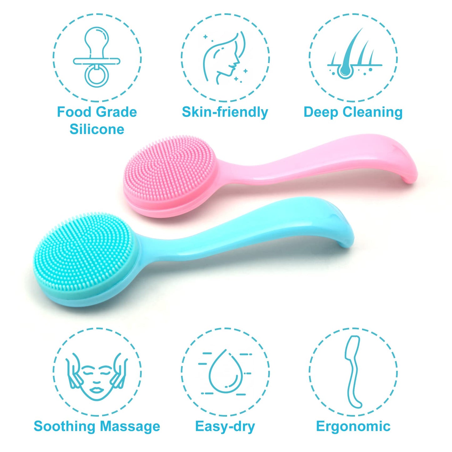 2 Pack Silicone Manual Facial Cleansing Brush, Skin Friendly Waterproof Face Cleaning Scrubber Exfoliator Cleanser for Blackheads Whiteheads Makeup Residues Removal- Blue & Pink