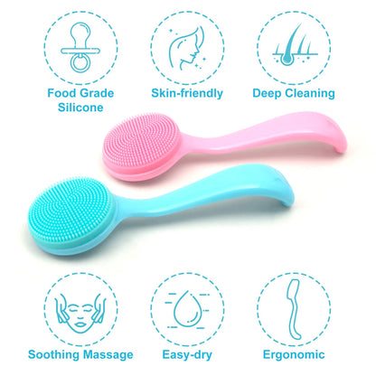 2 Pack Silicone Manual Facial Cleansing Brush, Skin Friendly Waterproof Face Cleaning Scrubber Exfoliator Cleanser for Blackheads Whiteheads Makeup Residues Removal- Blue & Pink