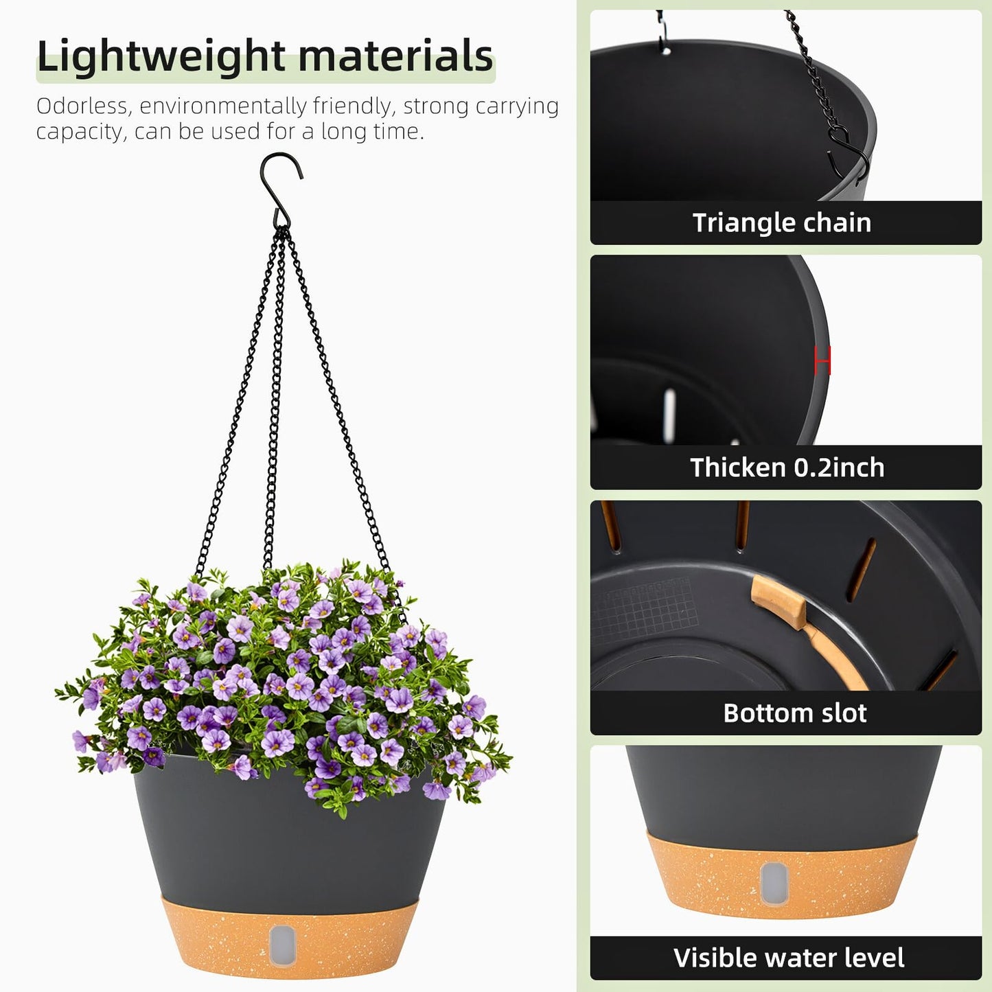 QCQHDU 2 Pack 10 Inch Hanging Planters for Indoor Outdoor Plants, Hanging Baskets Flower Pots with Reservoir Tray & Visible Water-Level