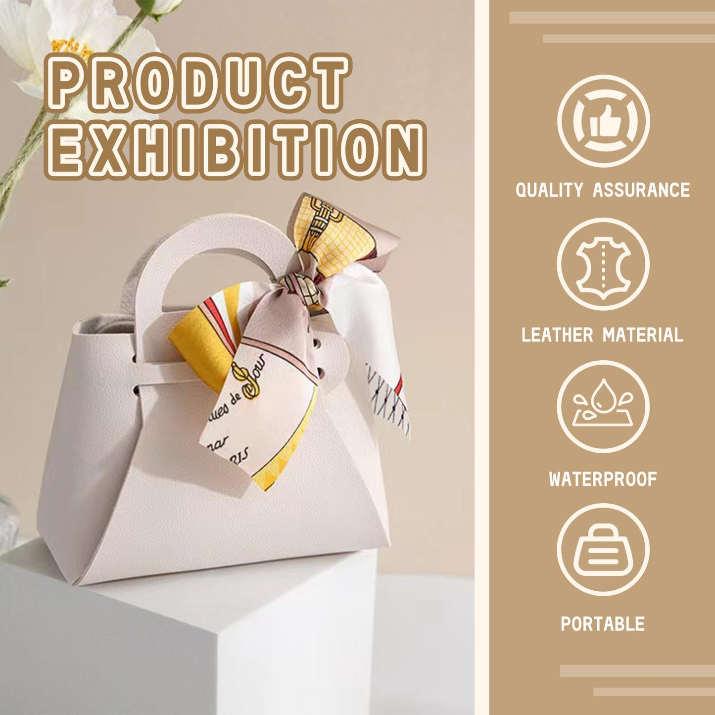 LPEIEB 12 Pack Leather Ribbon Candy Bag Gift Bags PU Wedding Gift Bags with Handle Ribbon Reusable Party Favor Boxes for Weddings Birthdays Christmas Baby Showers Halloween(White)