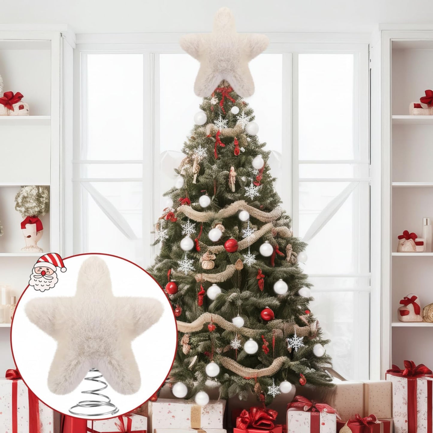 Soulchen 11 Inch White Christmas Star Tree Topper Faux Mink Fur Christmas Tree Topper Star White Rustic Treetop Ornaments for Xmas Decoration Home Indoor Outdoor Holiday Decoration