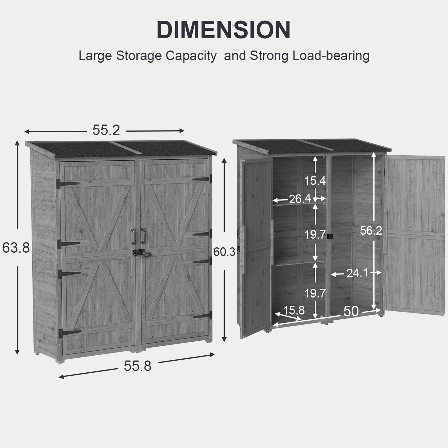 Gizoon Outdoor Storage Cabinet with Waterproof Roof, Double Lockable Doors Garden Shed with 2 Removable Shelves, Wooden Storage Shed with Large Storage Space for Patio, Garden, Backyard, Lawn, Grey