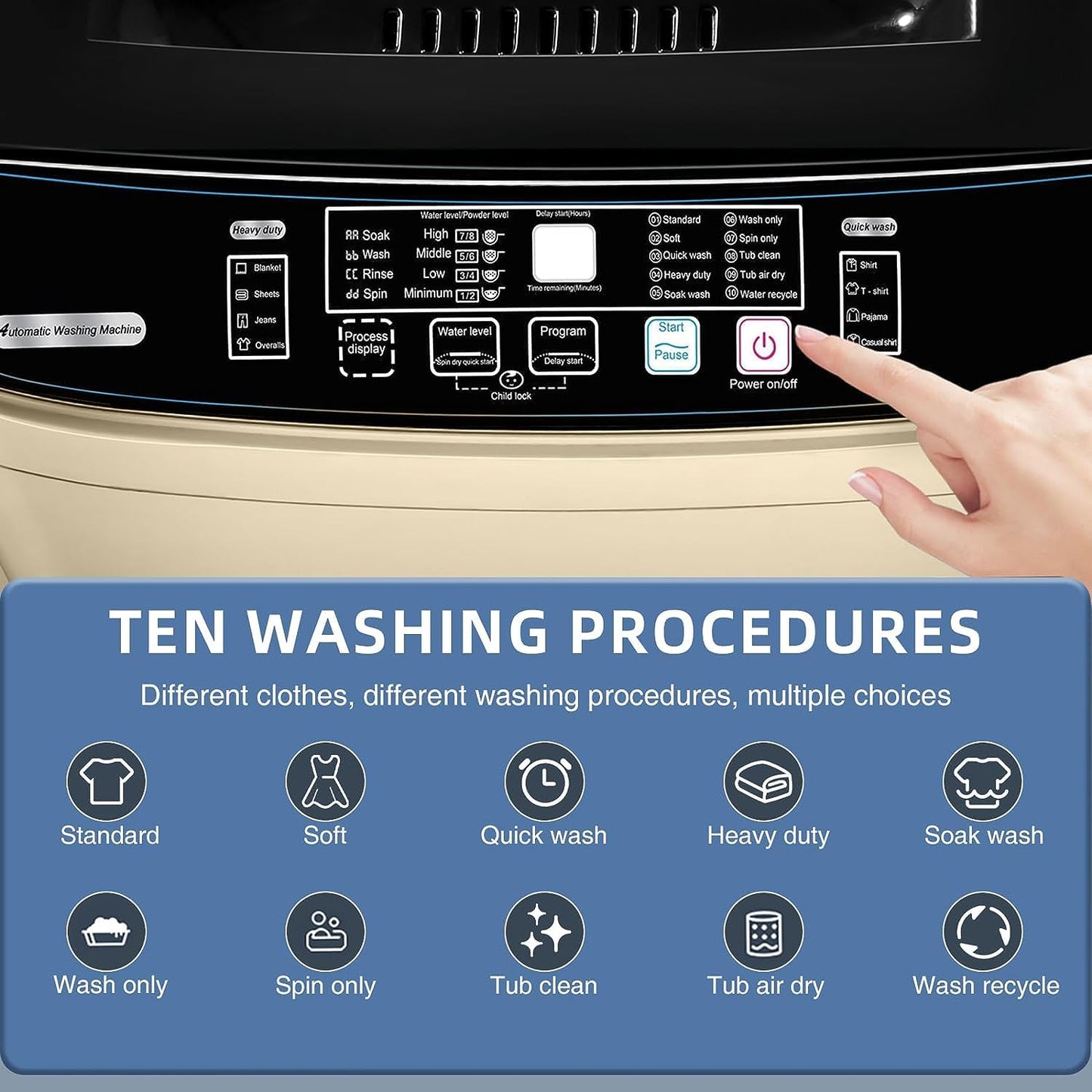 Full Automatic Washing Machine with LED Display, 10 Programs & 8 Water Levels Selections, Portable Compact Laundry Washer with Drain Pump - Gold